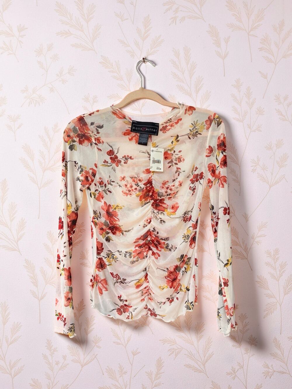 Polly & Esther Floral Mesh Ruched Top Womens Small NWT Long Sleeve Y2K